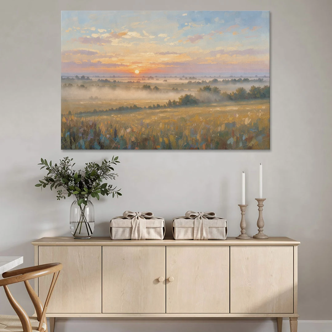 Sunrise Landscape Painting Over Misty Farmland - Canvas Wall Art - Coffee Table - 60x40