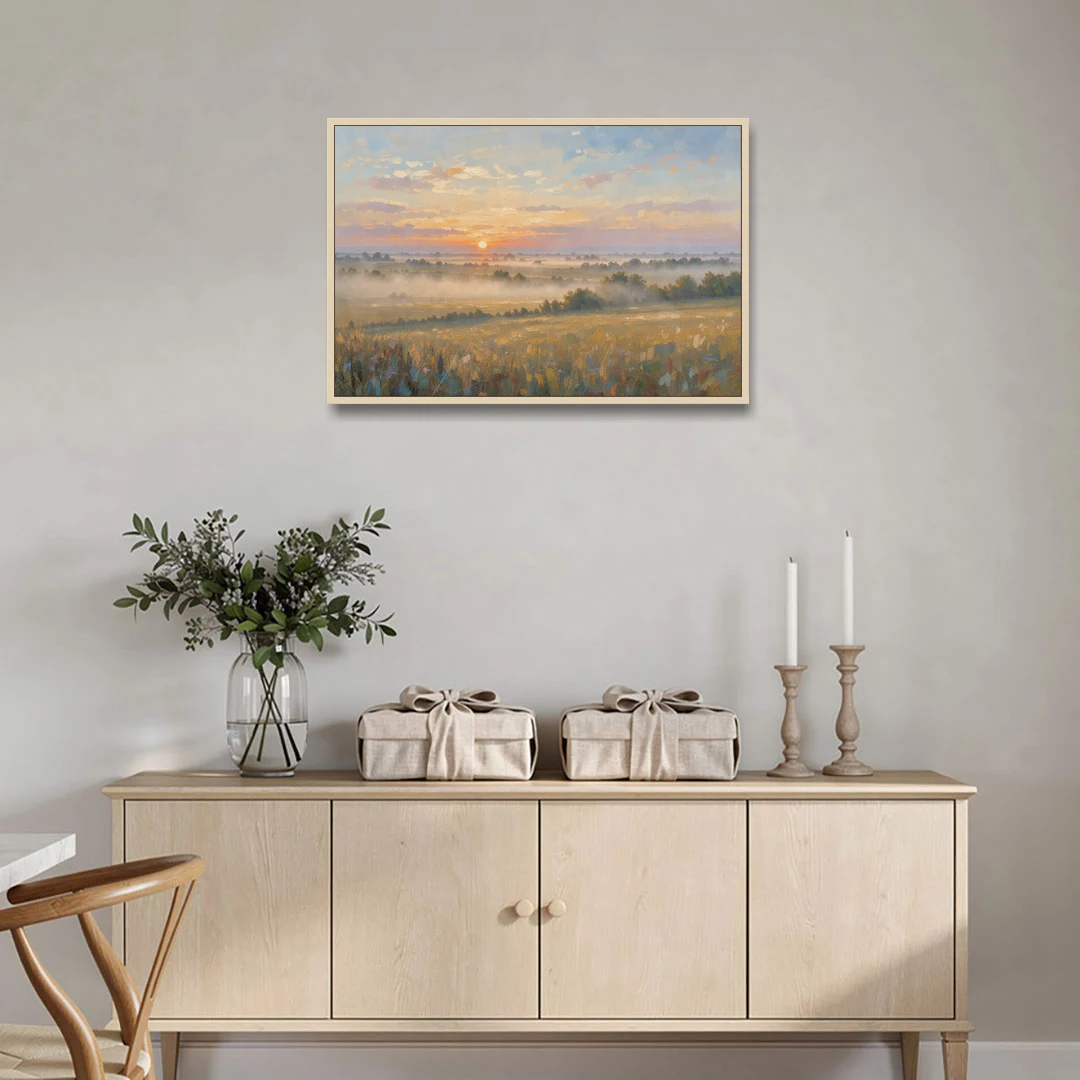 Sunrise Landscape Painting Over Misty Farmland - Oak Framed Canvas Wall Art - Coffee Table - 36x24