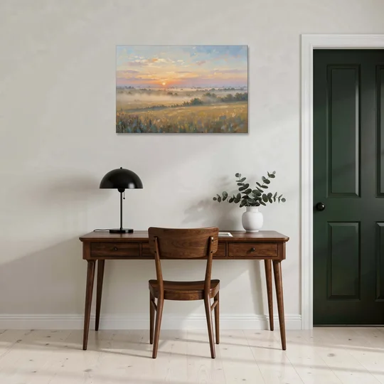 Sunrise Landscape Painting Over Misty Farmland - Canvas Wall Art - Office - 36x24