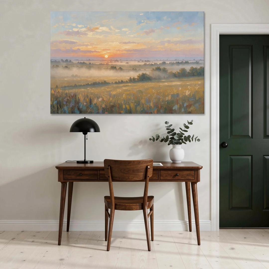 Sunrise Landscape Painting Over Misty Farmland - Canvas Wall Art - Office - 60x40