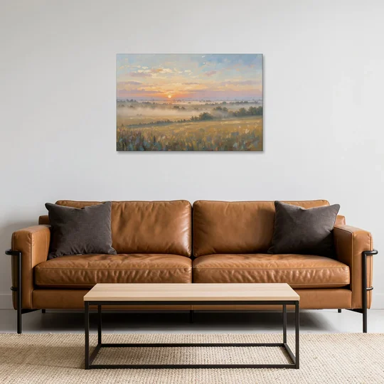 Sunrise Landscape Painting Over Misty Farmland - Canvas Wall Art - Sofa - 36x24