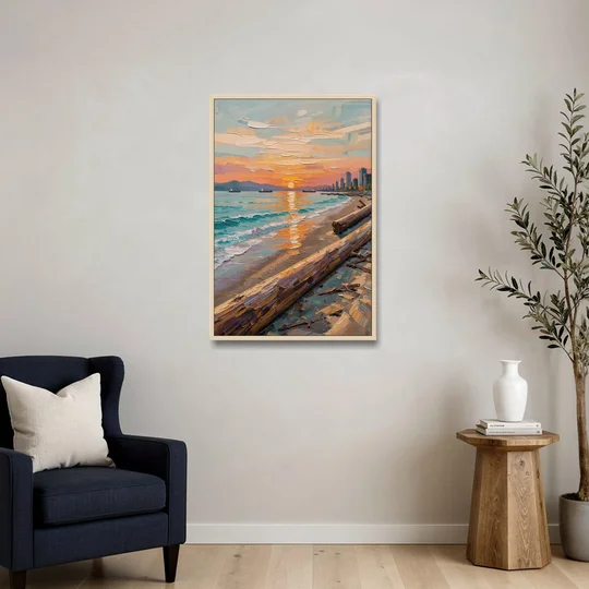 Sunset Beach Vancouver - Oak Framed Canvas Wall Art - Sofa - 24x36