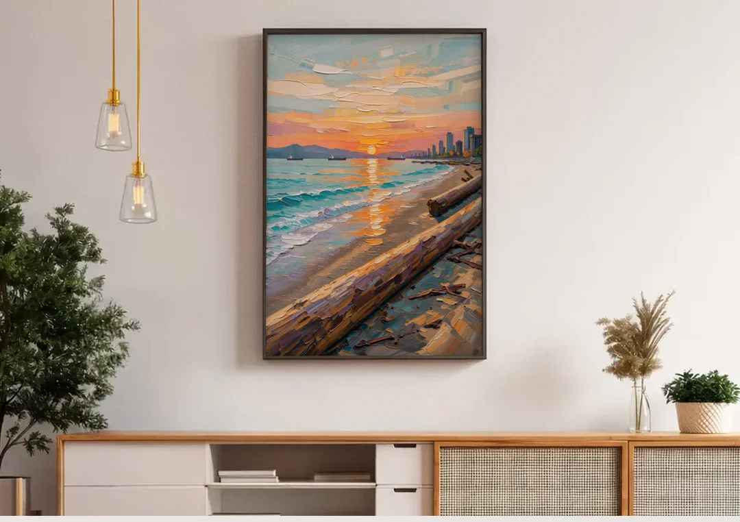 Sunset Beach Vancouver canvas wall art above a wooden sideboard under pendant lights