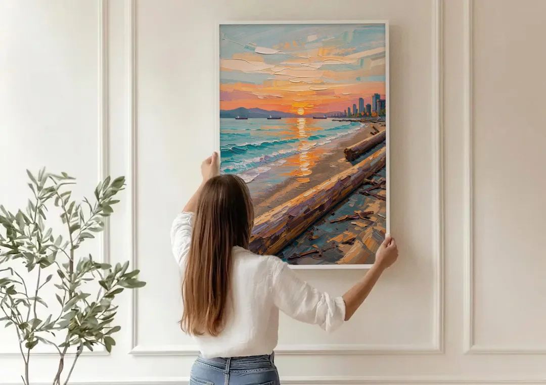 Sunset Beach Vancouver canvas wall art being hung on a paneled wall