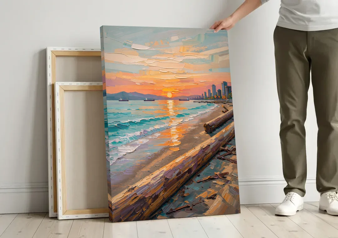 Sunset Beach Vancouver canvas wall art leaning against a wall next to blank canvases