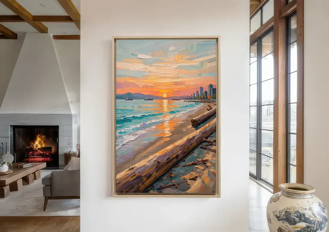 Sunset Beach Vancouver canvas wall art in a living room with a fireplace