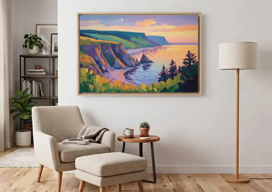 Sunset Over Cape Breton canvas wall art above an armchair in a bright living room