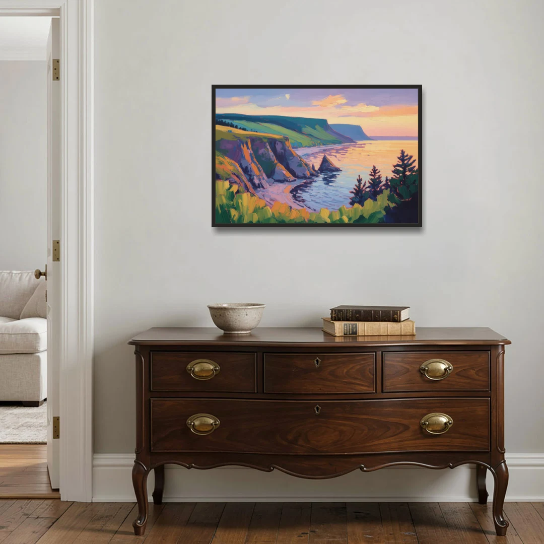 Sunset Over Cape Breton - Black Framed Canvas Wall Art - Coffee Table - 36x24
