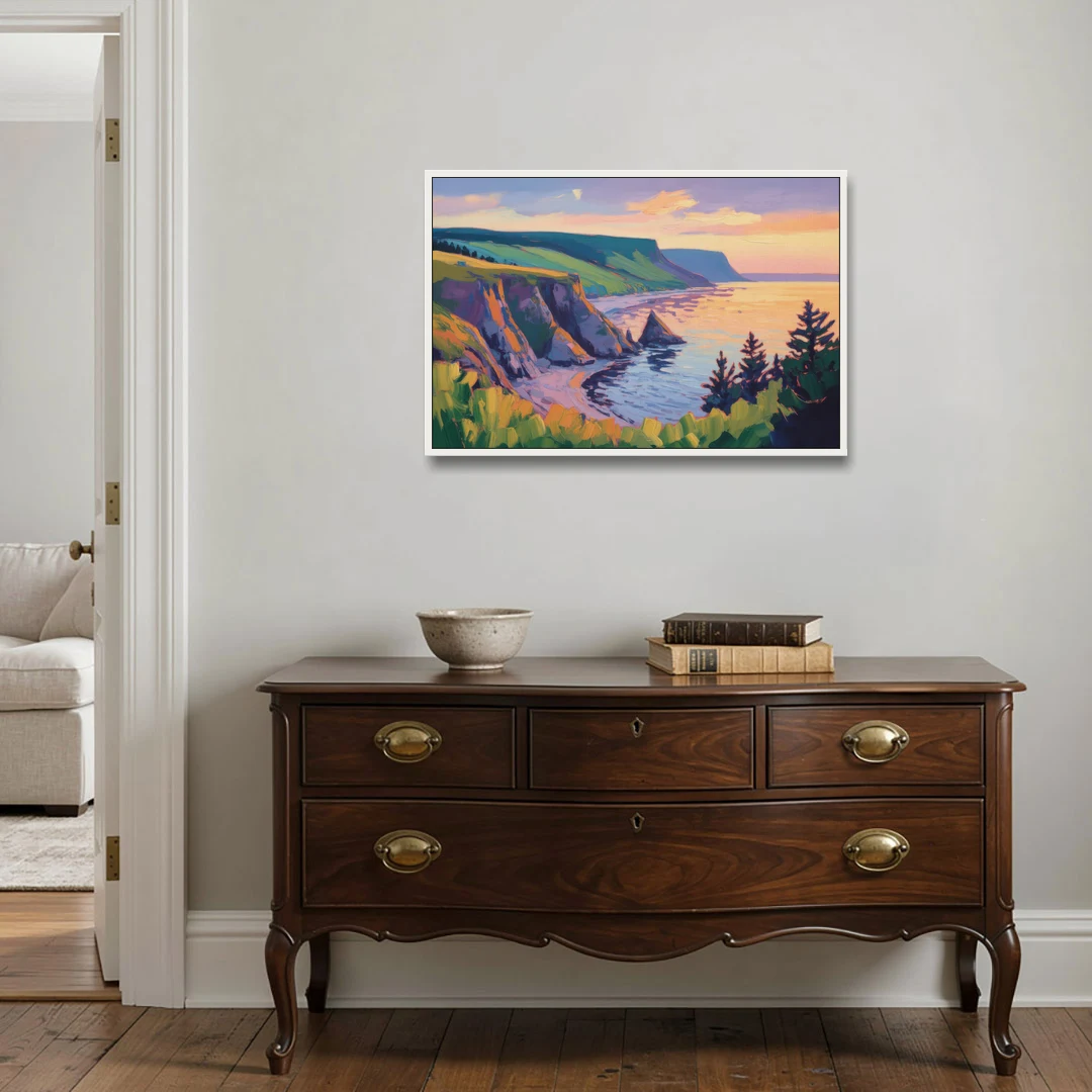 Sunset Over Cape Breton - White Framed Canvas Wall Art - Coffee Table - 36x24