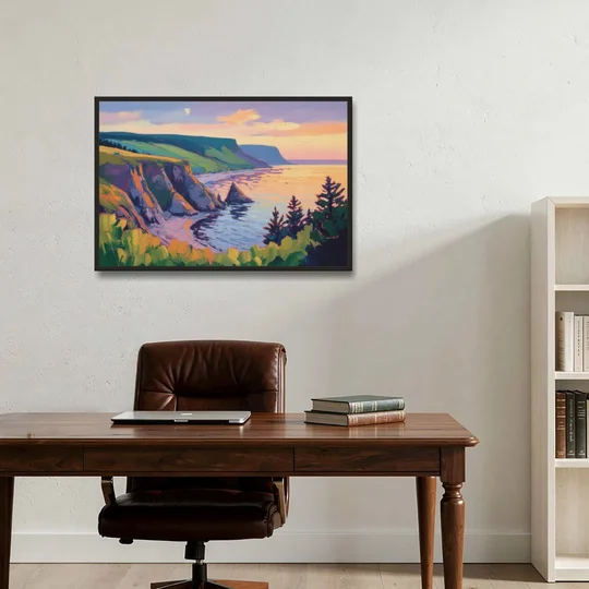 Sunset Over Cape Breton - Black Framed Canvas Wall Art - Office - 36x24