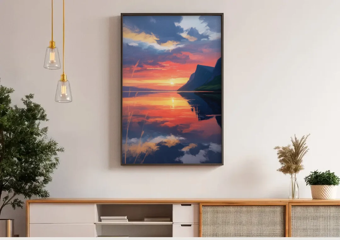 Sunset Over Gros Morne canvas wall art above a wooden sideboard under pendant lights