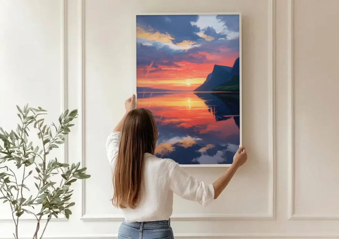 Sunset Over Gros Morne canvas wall art being hung on a paneled wall
