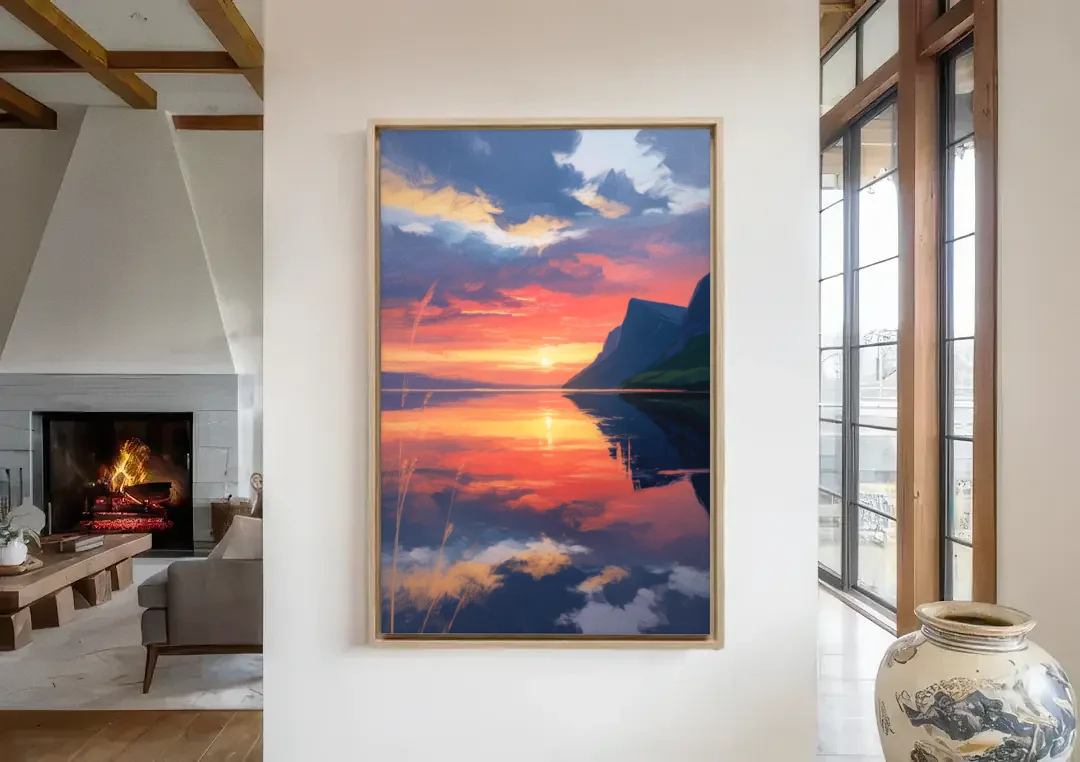 Sunset Over Gros Morne canvas wall art in a living room with a fireplace
