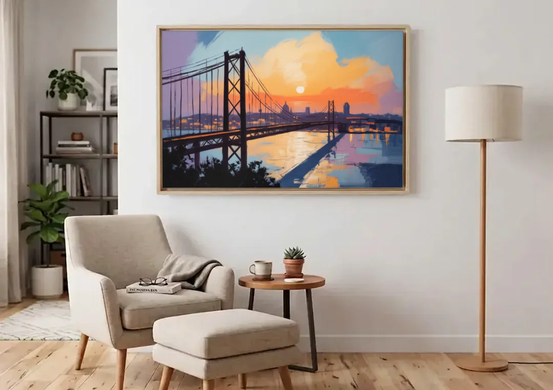 Sunset Over Lisbon canvas wall art above an armchair in a bright living room