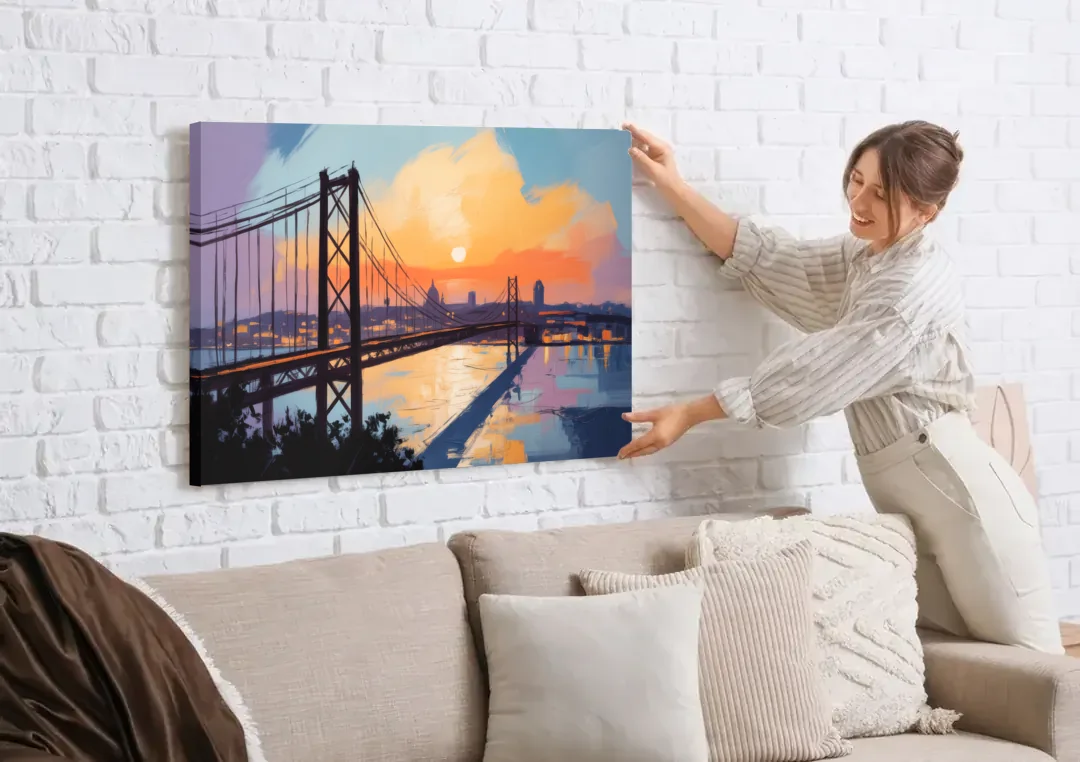 Sunset Over Lisbon canvas wall art being hung on a white brick wall above a sofa