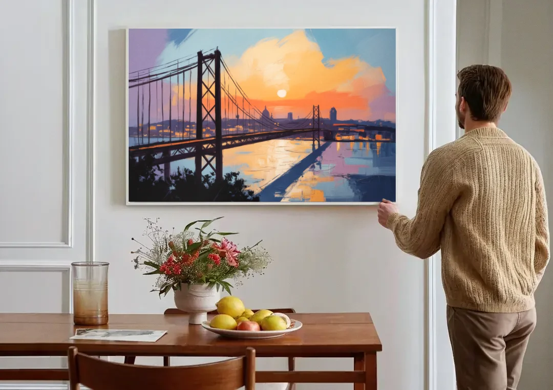 Sunset Over Lisbon canvas wall art above a dining table