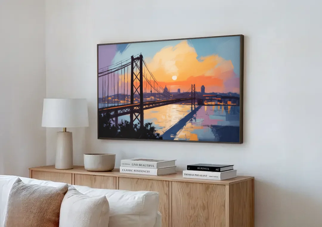 Sunset Over Lisbon canvas wall art above a wooden sideboard next to a sofa