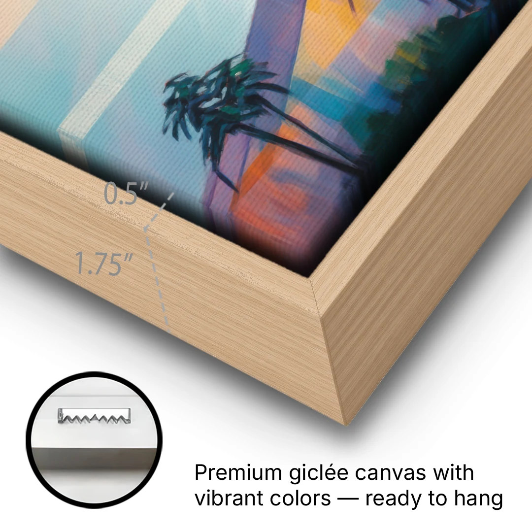 Sunset Over Nice - Oak Framed Canvas Wall Art - Gallery Wrap Corner