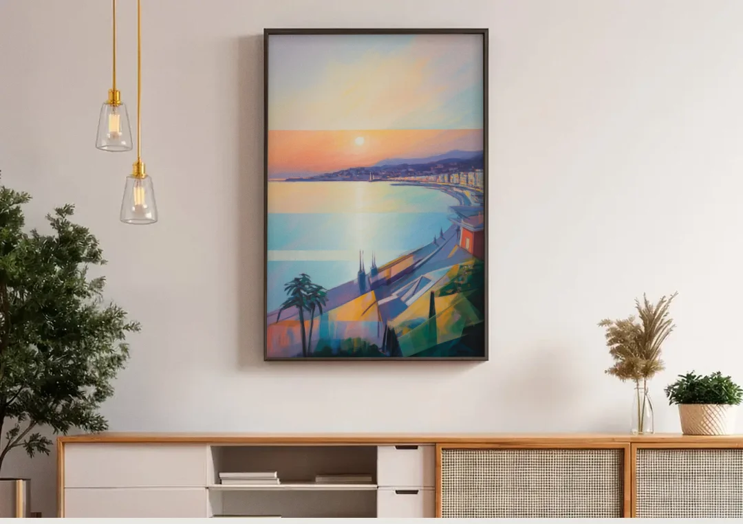 Sunset Over Nice canvas wall art above a wooden sideboard under pendant lights