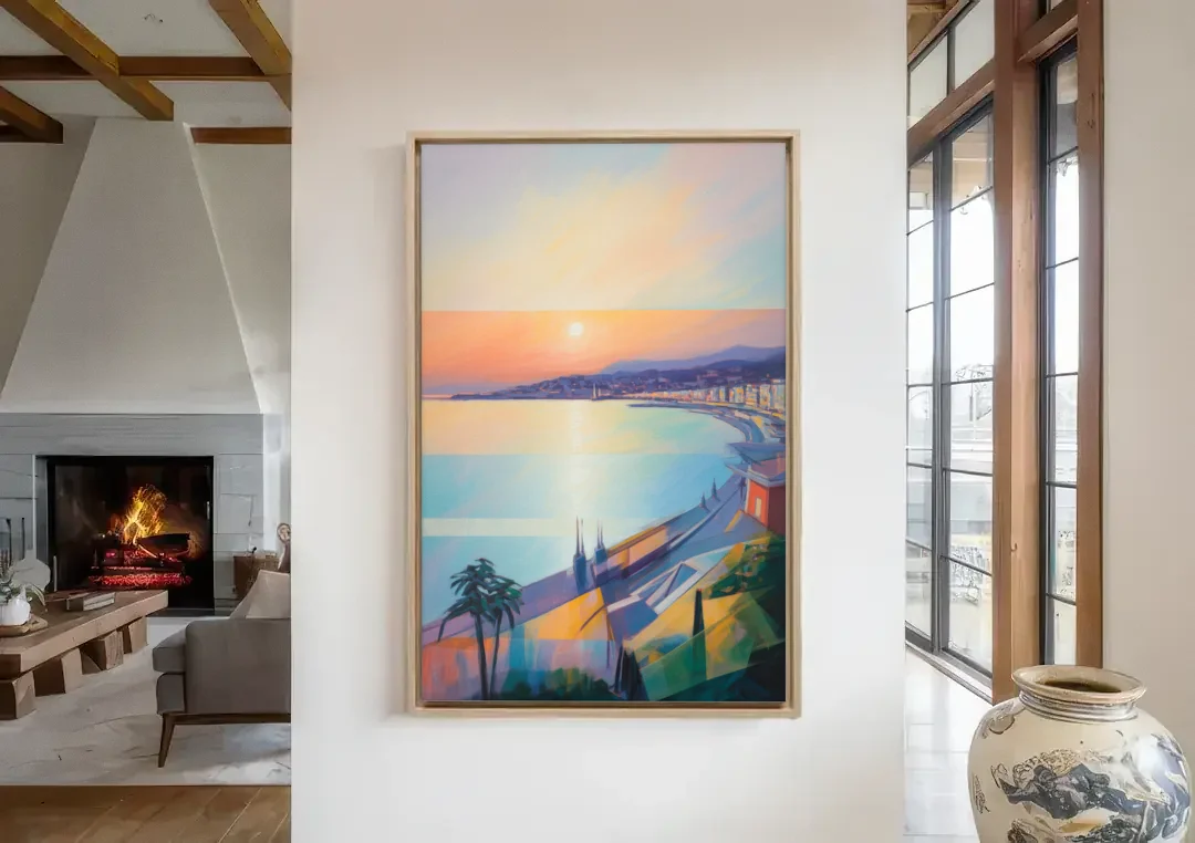 Sunset Over Nice canvas wall art in a living room with a fireplace