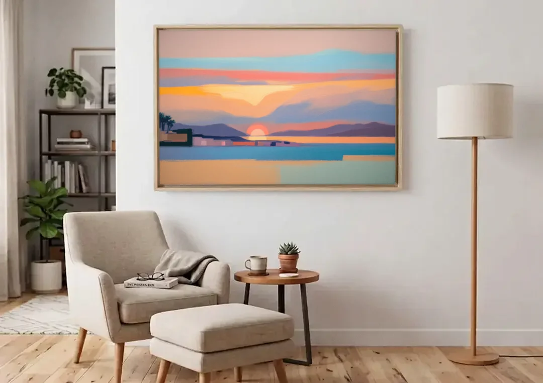 Sunset over Palma Bay canvas wall art above an armchair in a bright living room