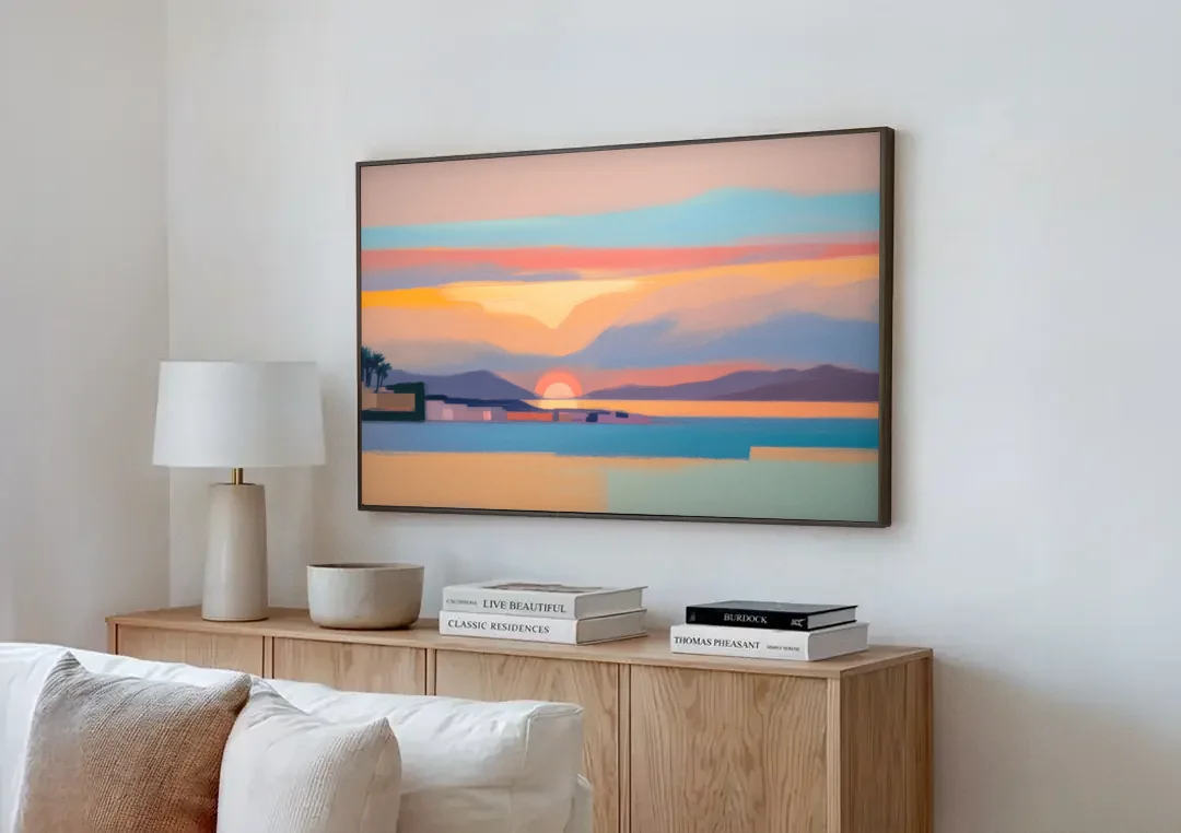Sunset over Palma Bay canvas wall art above a wooden sideboard next to a sofa
