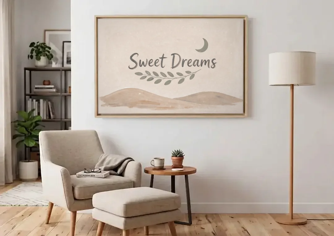 Sweet Dreams Beneath a Sage Half Moon canvas wall art above an armchair in a bright living room