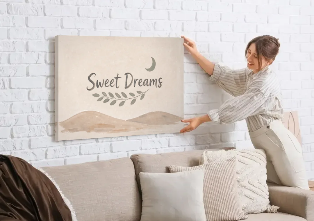 Sweet Dreams Beneath a Sage Half Moon canvas wall art being hung on a white brick wall above a sofa
