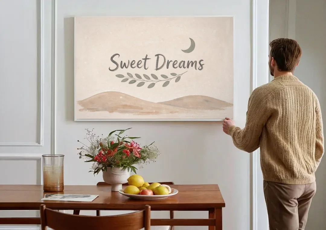 Sweet Dreams Beneath a Sage Half Moon canvas wall art above a dining table