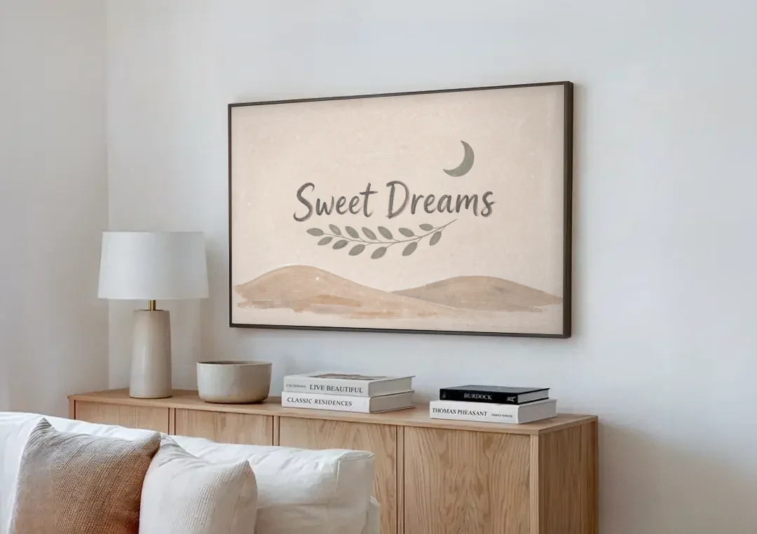 Sweet Dreams Beneath a Sage Half Moon canvas wall art above a wooden sideboard next to a sofa