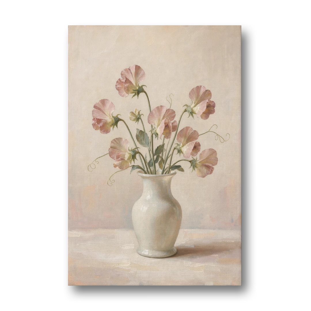 Sweet Peas in an Ivory Milk Glass Vase - Canvas Wall Art - Front