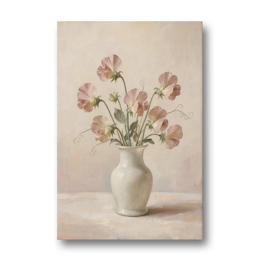 Sweet Peas in an Ivory Milk Glass Vase - Canvas Wall Art - Front