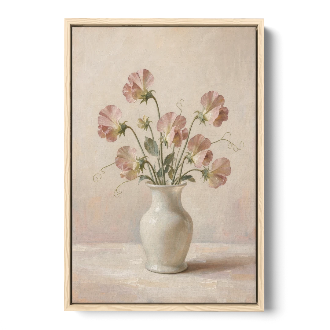 Sweet Peas in an Ivory Milk Glass Vase - Oak Framed Canvas Wall Art - Front