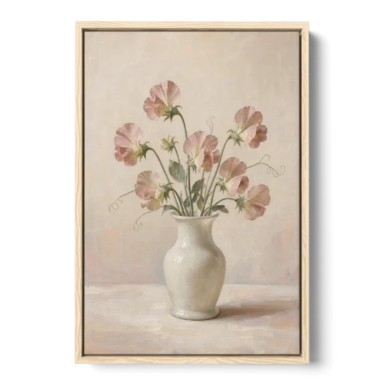 Sweet Peas in an Ivory Milk Glass Vase - Oak Framed Canvas Wall Art - Front
