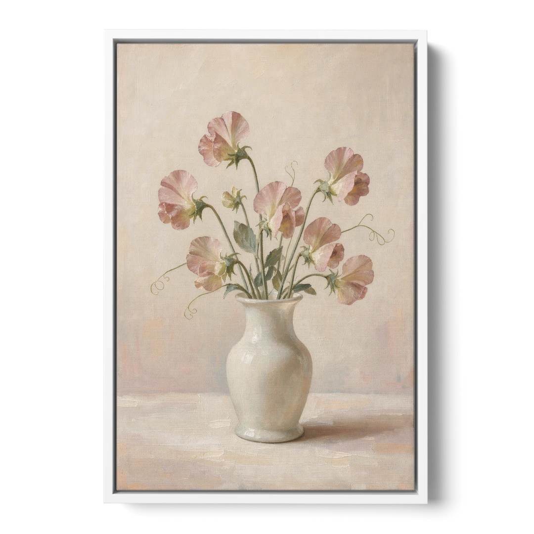 Sweet Peas in an Ivory Milk Glass Vase - White Framed Canvas Wall Art - Front
