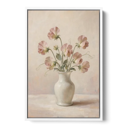 Sweet Peas in an Ivory Milk Glass Vase - White Framed Canvas Wall Art - Front