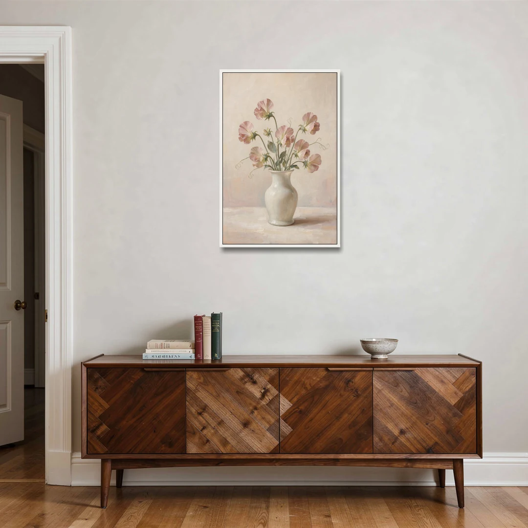 Sweet Peas in an Ivory Milk Glass Vase - White Framed Canvas Wall Art - Coffee Table - 24x36