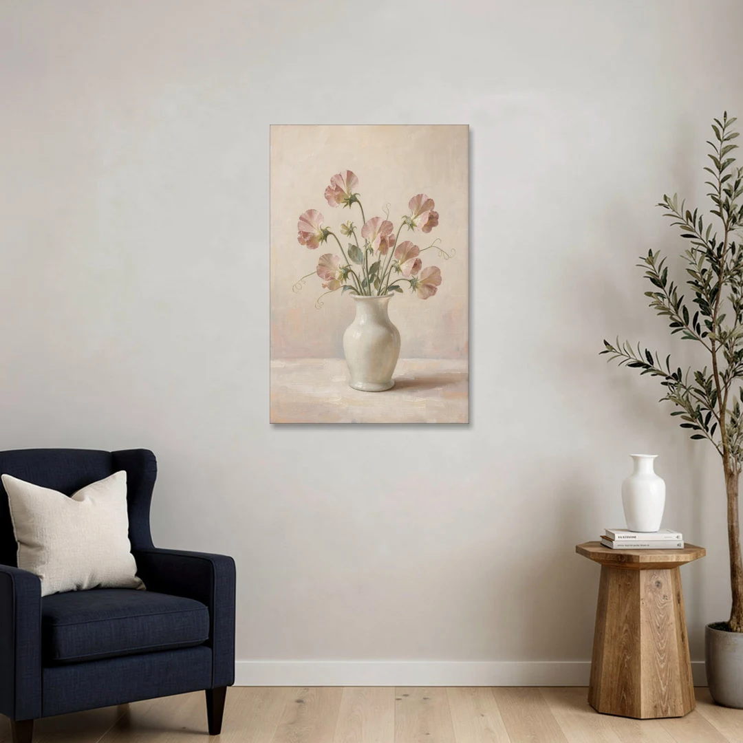 Sweet Peas in an Ivory Milk Glass Vase - Canvas Wall Art - Sofa - 24x36