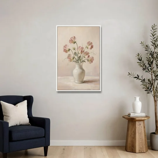 Sweet Peas in an Ivory Milk Glass Vase - White Framed Canvas Wall Art - Sofa - 24x36