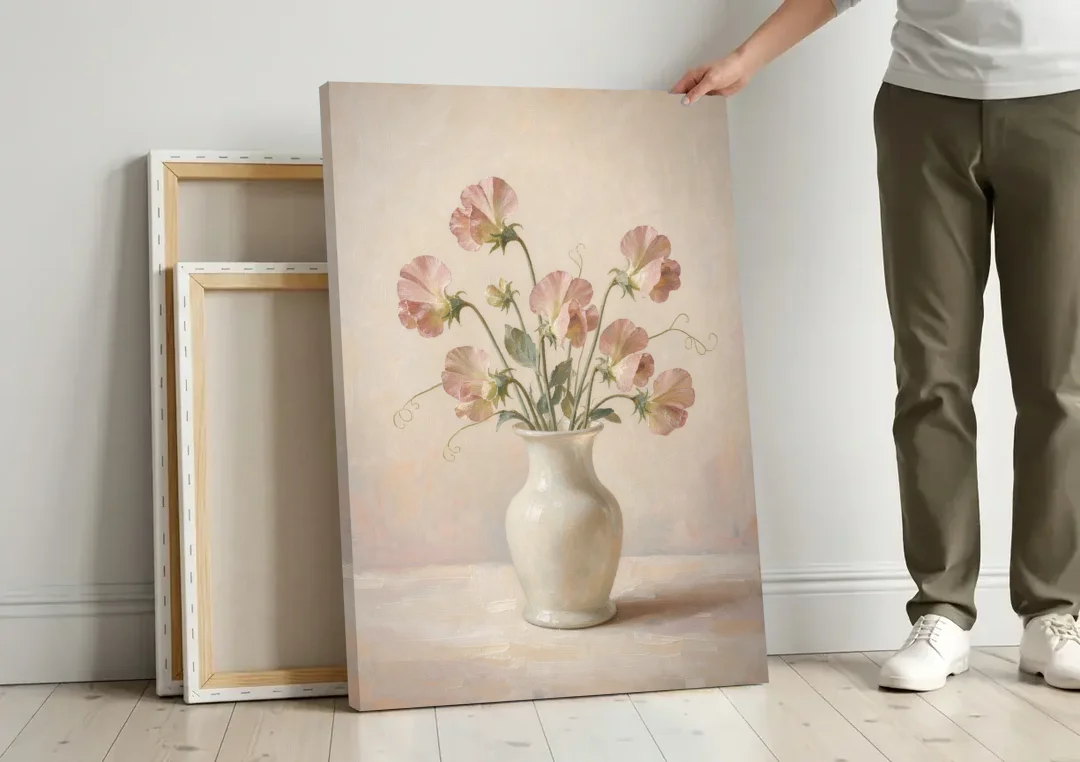 Sweet Peas in an Ivory Milk Glass Vase canvas wall art leaning against a wall next to blank canvases