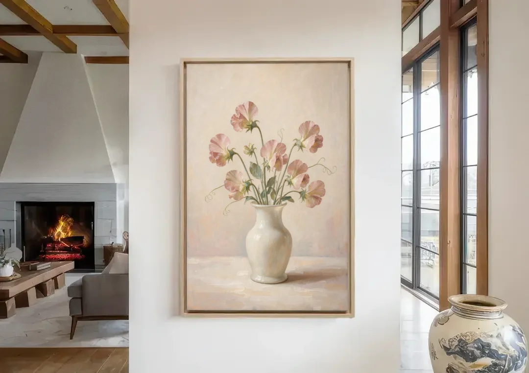 Sweet Peas in an Ivory Milk Glass Vase canvas wall art in a living room with a fireplace