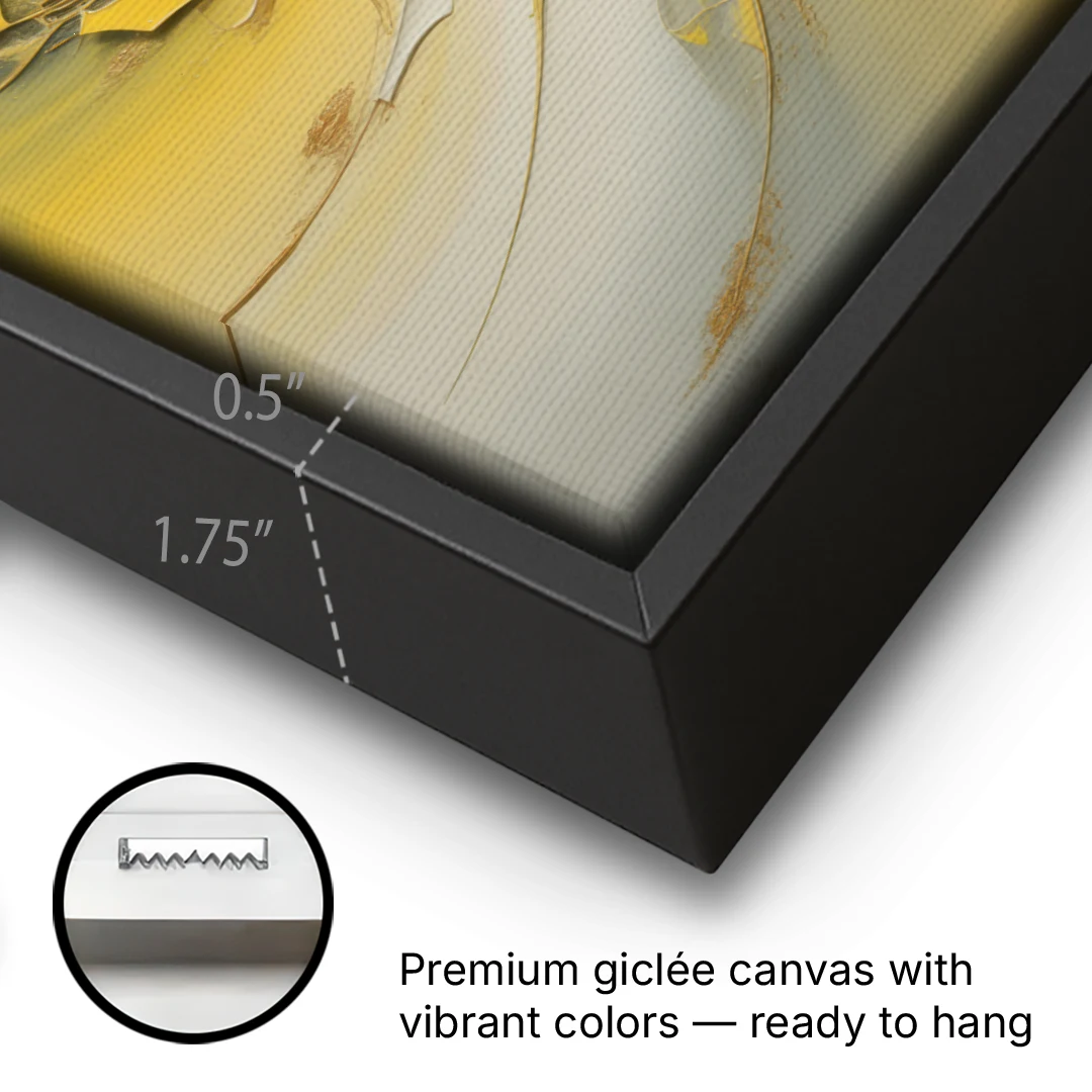 Swirling Elegance Yellow Abstract - Black Framed Canvas Wall Art - Gallery Wrap Corner