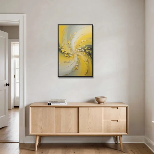 Swirling Elegance Yellow Abstract - Black Framed Canvas Wall Art - Coffee Table - 24x36