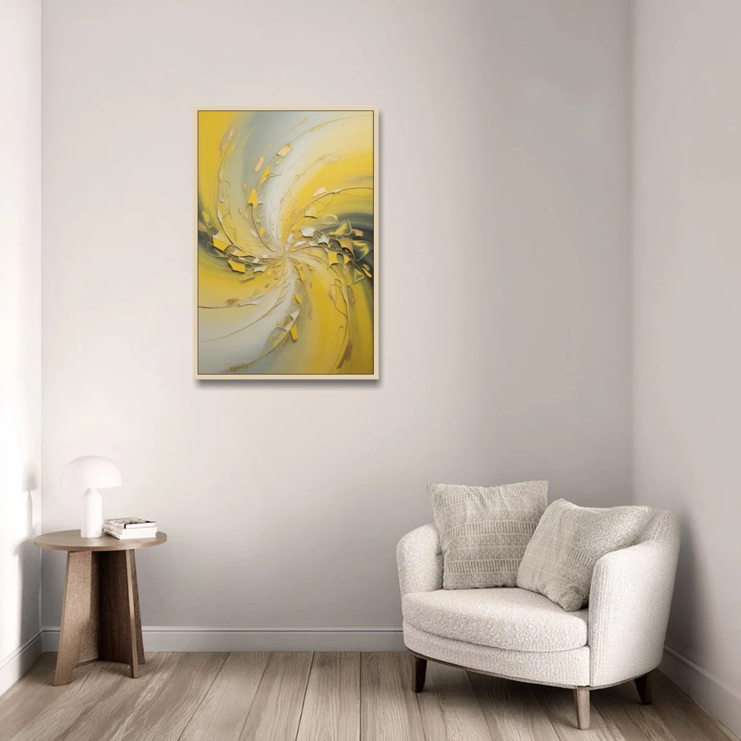 Swirling Elegance Yellow Abstract - Oak Framed Canvas Wall Art - Sofa - 24x36