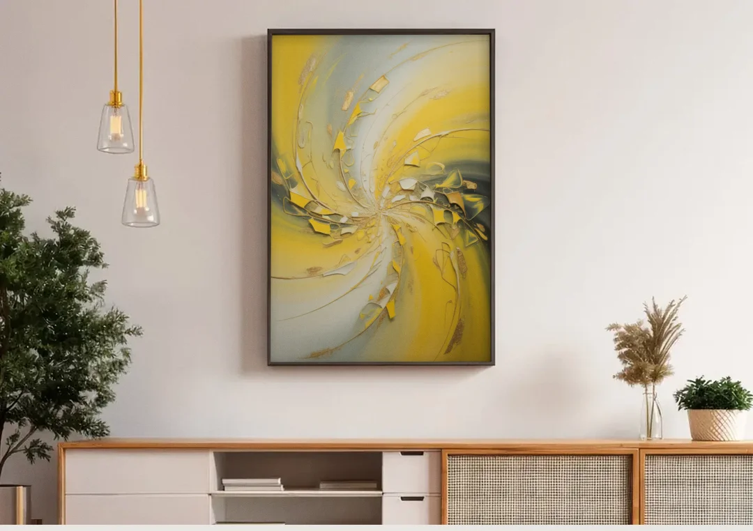 Swirling Elegance Yellow Abstract canvas wall art above a wooden sideboard under pendant lights