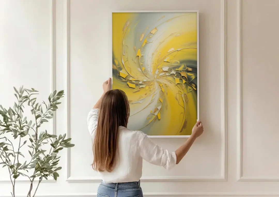 Swirling Elegance Yellow Abstract canvas wall art being hung on a paneled wall