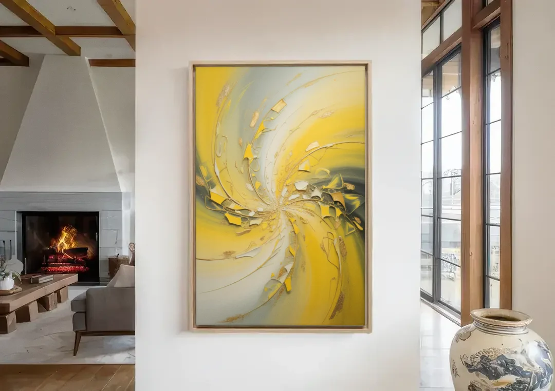 Swirling Elegance Yellow Abstract canvas wall art in a living room with a fireplace