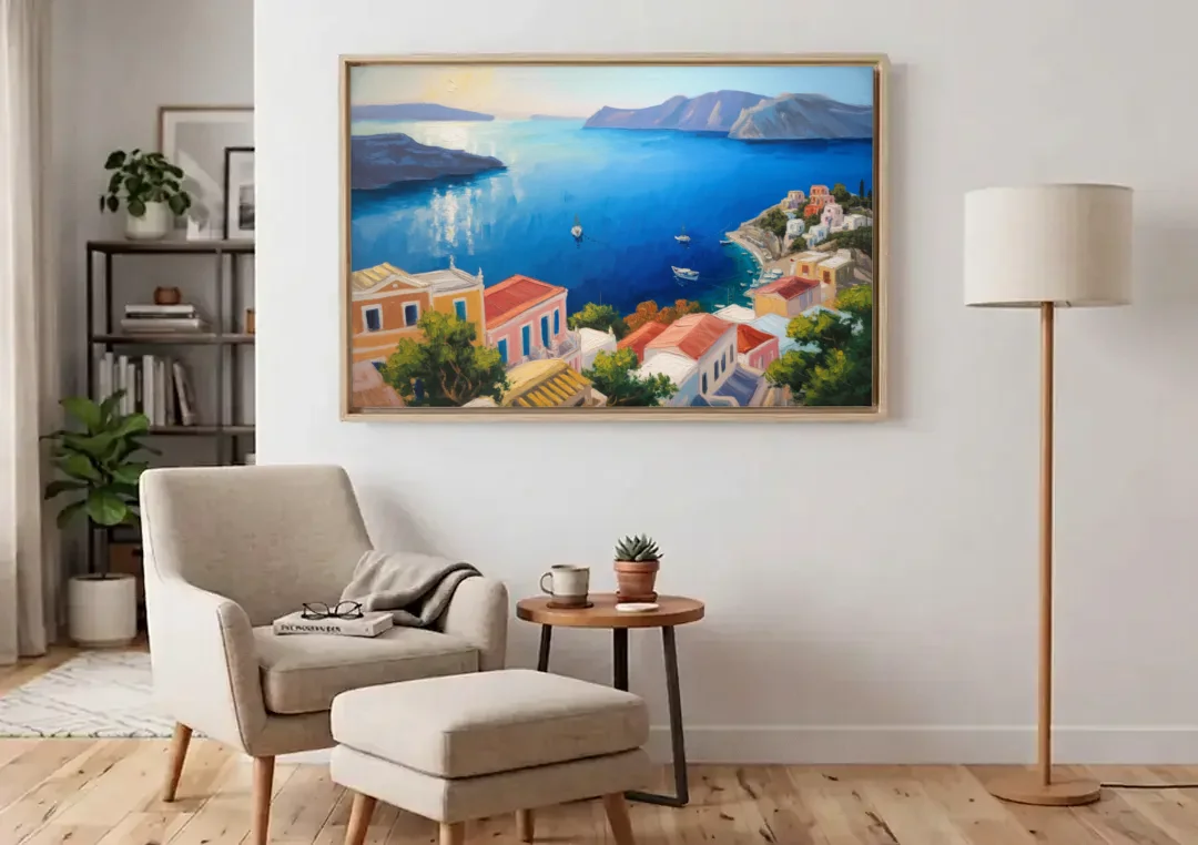 Symi Island Escape canvas wall art above an armchair in a bright living room