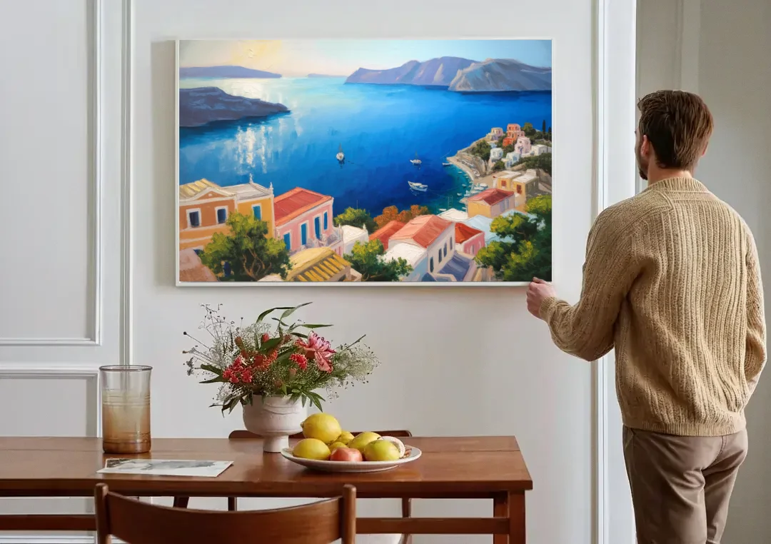Symi Island Escape canvas wall art above a dining table