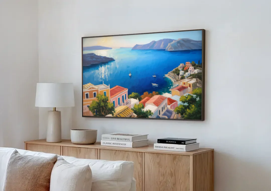 Symi Island Escape canvas wall art above a wooden sideboard next to a sofa